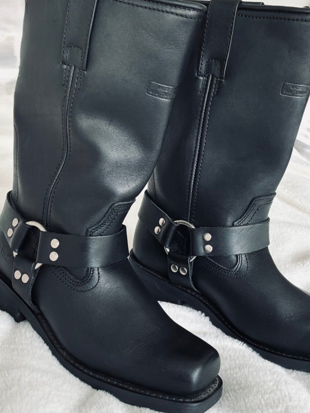 Classic Black Leather Harness Motorcycle Boots - Men’s Square Toe Biker Size 8
